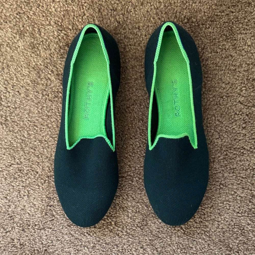 Rothy's W7 Green Loafer with Neon Green Lining